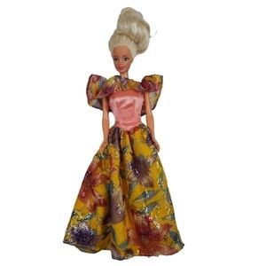 Vintage 1991 Barbie With Dress Yellow Floral Pink Gold Evening Gown Pink Label